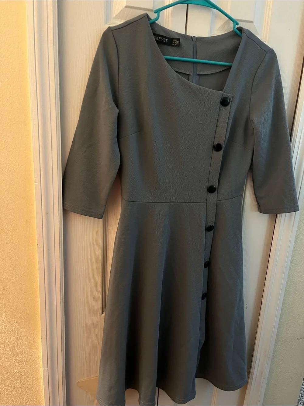 Maeve Slate Gray Asymmetric Button-Front Long Sleeve Dress